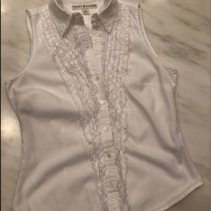 Adorable collar white top with front ruffles.